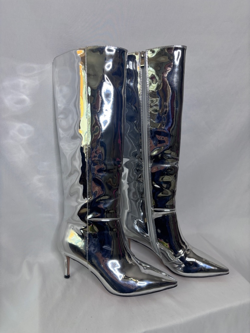 Wet Kiss Silver Mirrored Chromed Metallic‎ Knee High Boots 8